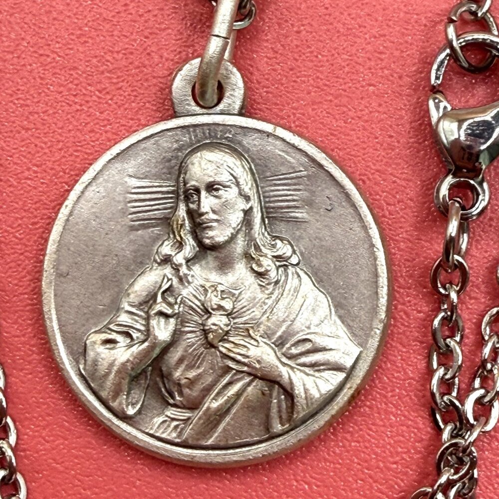 Vintage Sacred Heart of Jesus Our Lady Silver Religious Medal Pendant Necklace